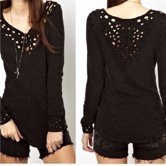 Free People Black Color Blue Luna Cutout Henley Long Sleeve Blouse Top - Picture 2 of 11